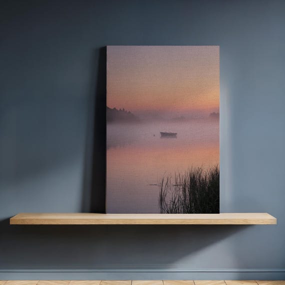 Mist Over Lake Boat Canvas Wall Art Tranquil Sunrise Landscape With Soft Pastel Sky Framed Nature Scene For Peaceful Home Decor