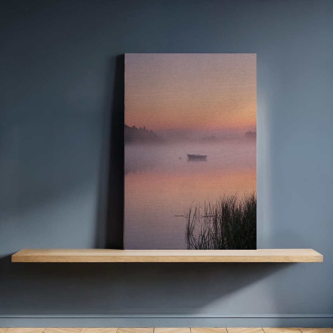 Misty Sunrise Lake Lone Boat Soft Pastel Sky Tranquil Canvas Poster