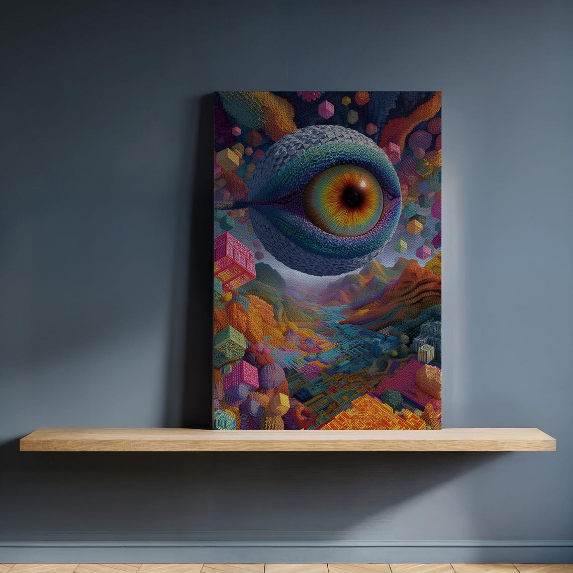 Psychedelic Eye Over Geometric Landscape Trippy Cosmic Wall Art