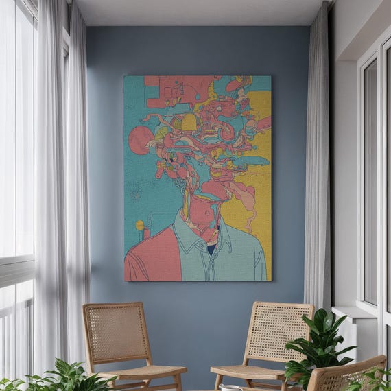 Surreal Abstract Face Canvas Wall Art Psychedelic Mind Explosion Portrait In Pastel Colors Framed Pop Gift For Creative Modern Spaces