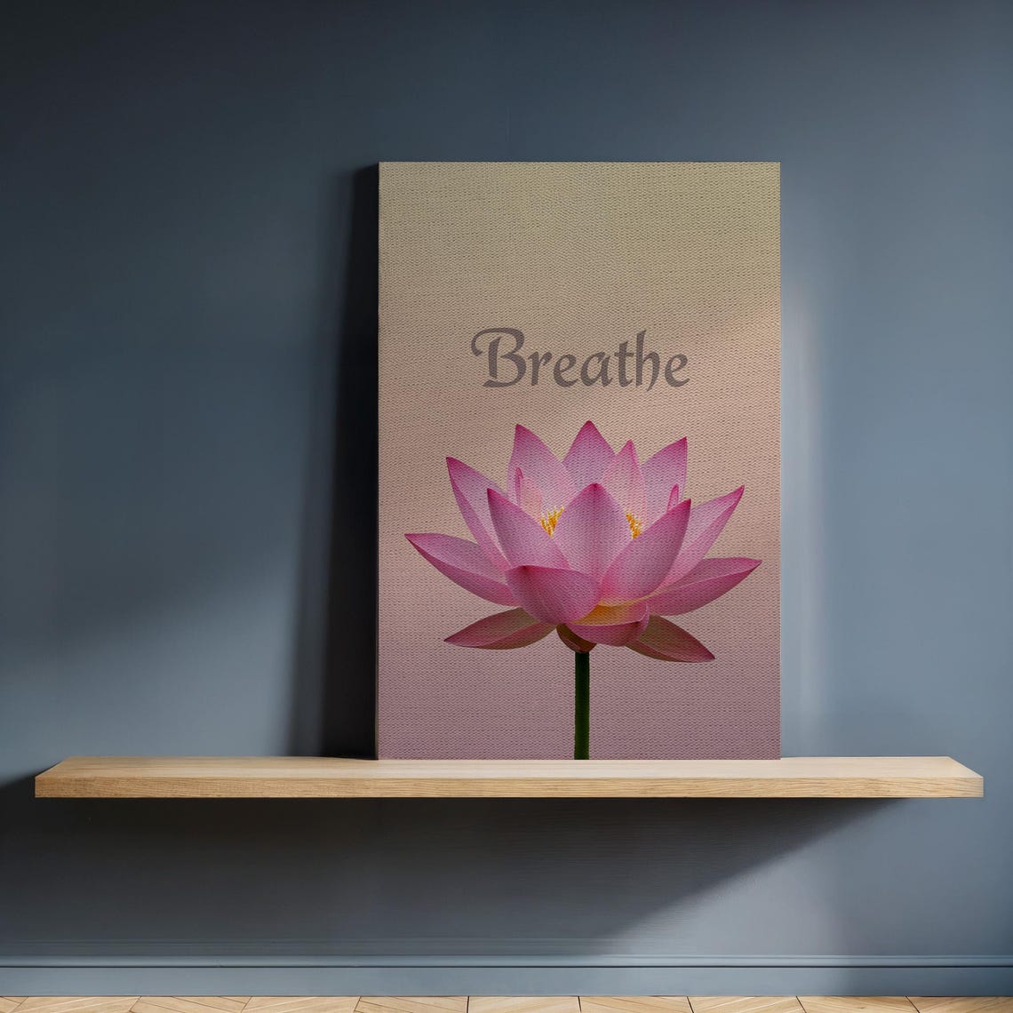 Pink Flower Canvas Wall Art With Breathe Text Zen Floral Print On Gradient Background Framed Mindful Decor For Calm Home Spaces