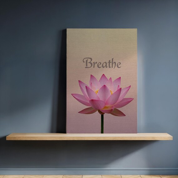Pink Flower Canvas Wall Art With Breathe Text Zen Floral Print On Gradient Background Framed Mindful Decor For Calm Home Spaces