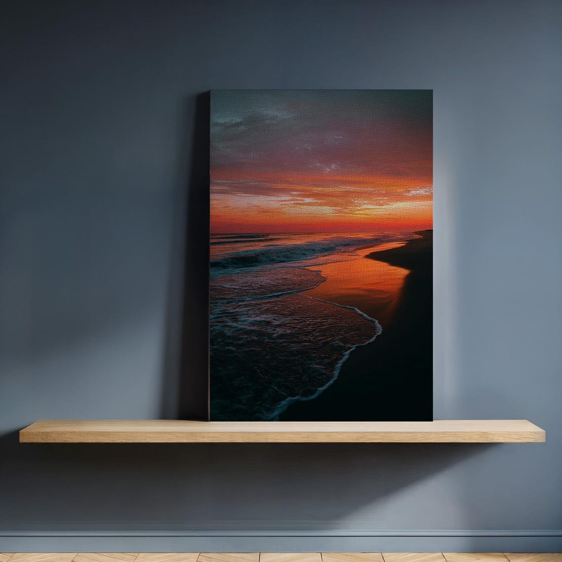 Sunset Beach Ocean Shoreline Vibrant Waves Canvas Art Poster