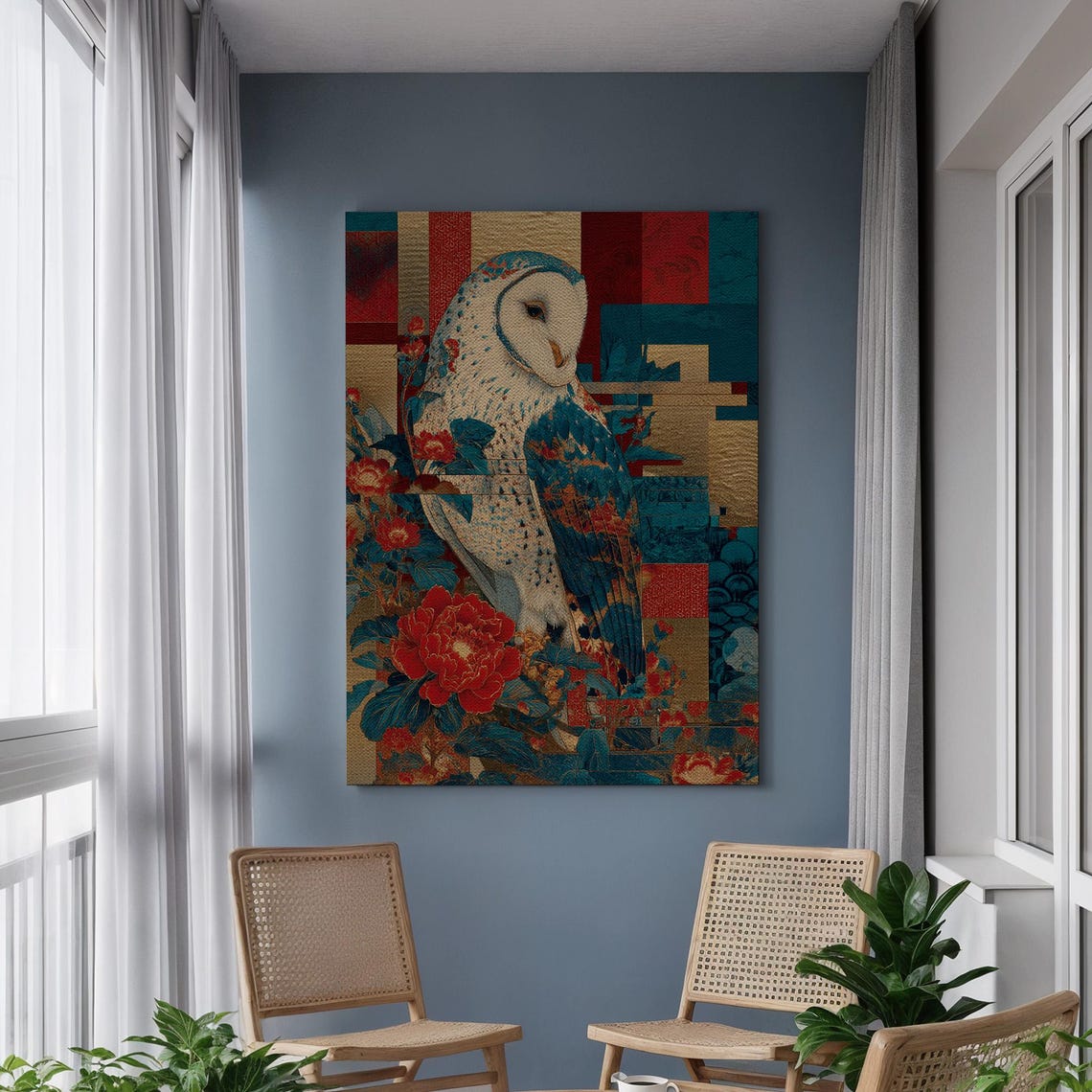 Japanese Owl With Red Peonies Canvas Barn Owl Floral Wall Art