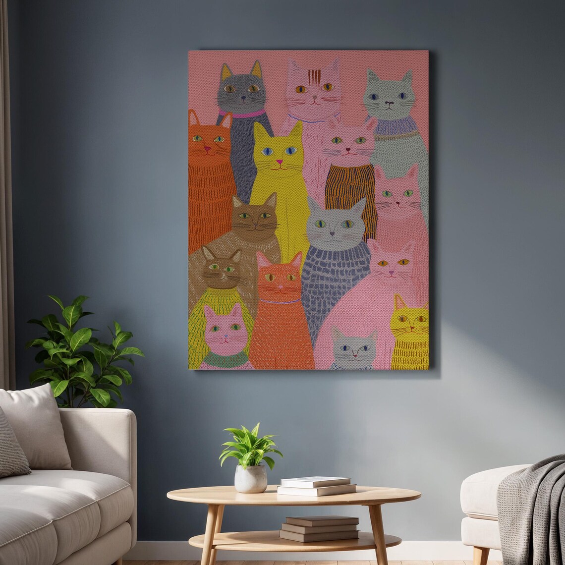 Whimsical Colorful Cat Group Portrait Fun Feline Friends Art Poster