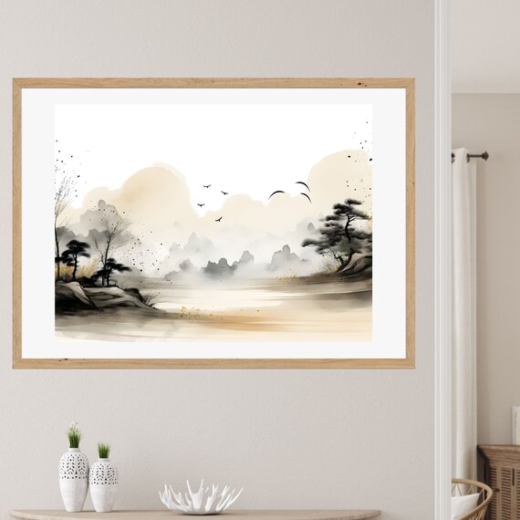 Misty Ink Wash Lake Landscape with Pine Trees and Birds Poster
