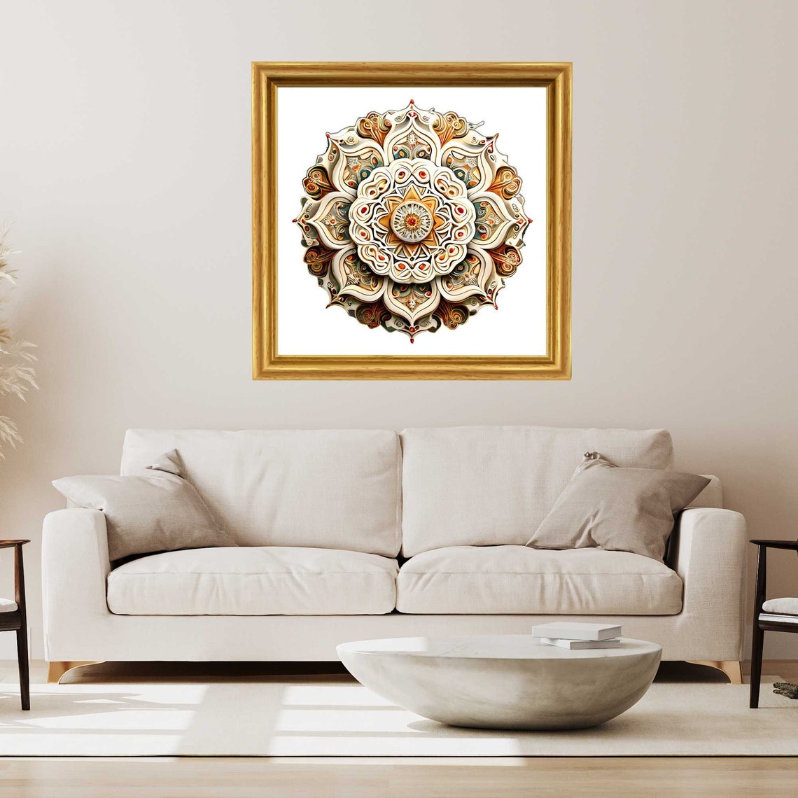 Cream and Rust Paper-Quilling Mandala in a Gold Frame Poster - Image 2
