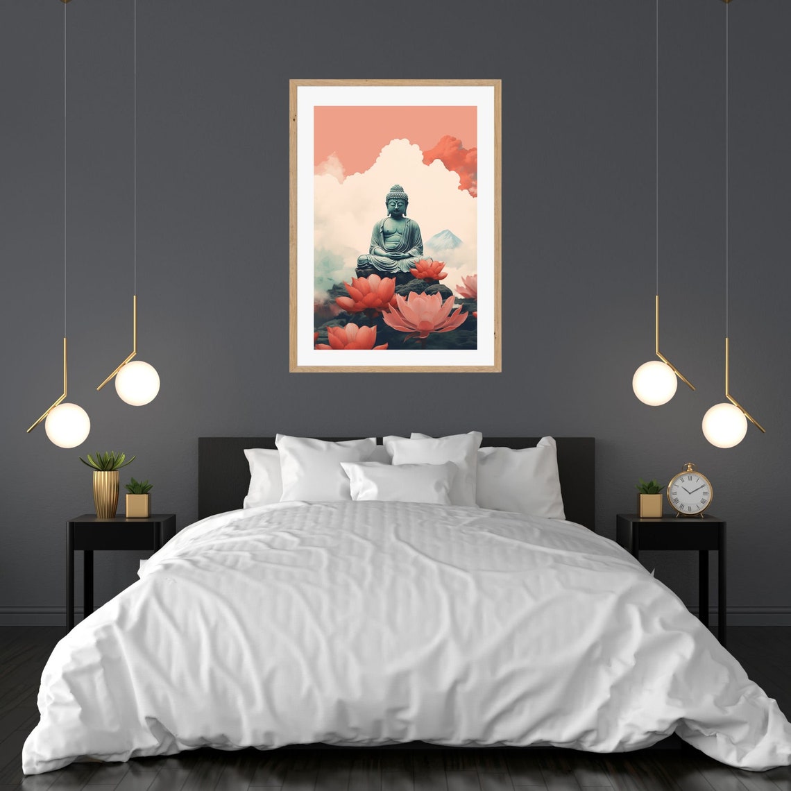 Teal Buddha Statue Among Giant Red Lotuses Coral Sky Wall Art - Image 3