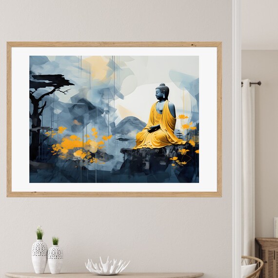 Buddha in a Golden Robe Against Midnight Blue Mountains Poster