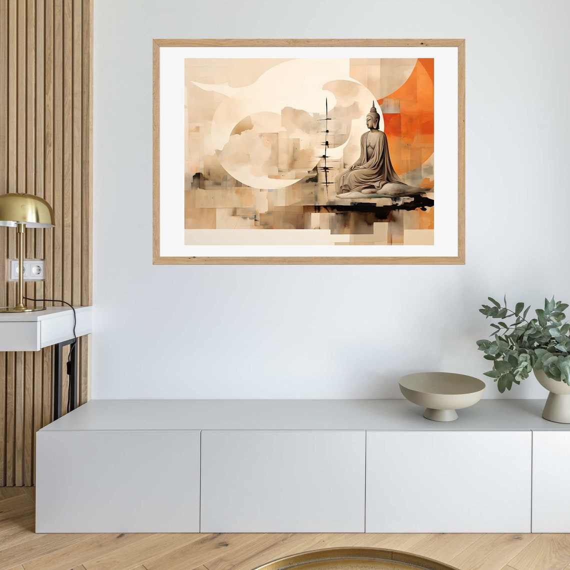 Buddha Meditating Beneath a Giant Cream Moon in Abstract Orange Poster - Image 3