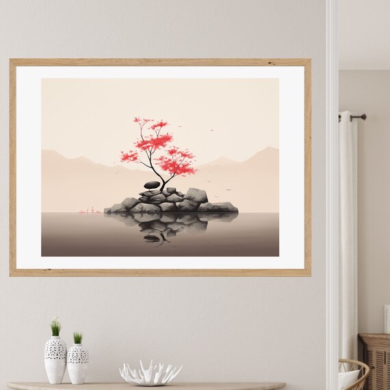 Red Maple Tree on Rocky Island Misty Water Japanese Wall Art