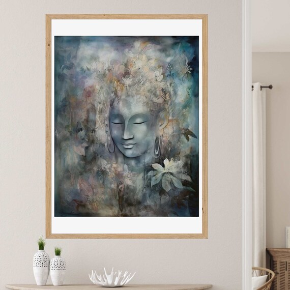 Serene Blue Buddha Face Watercolor Floral Crown Spiritual Meditation Poster