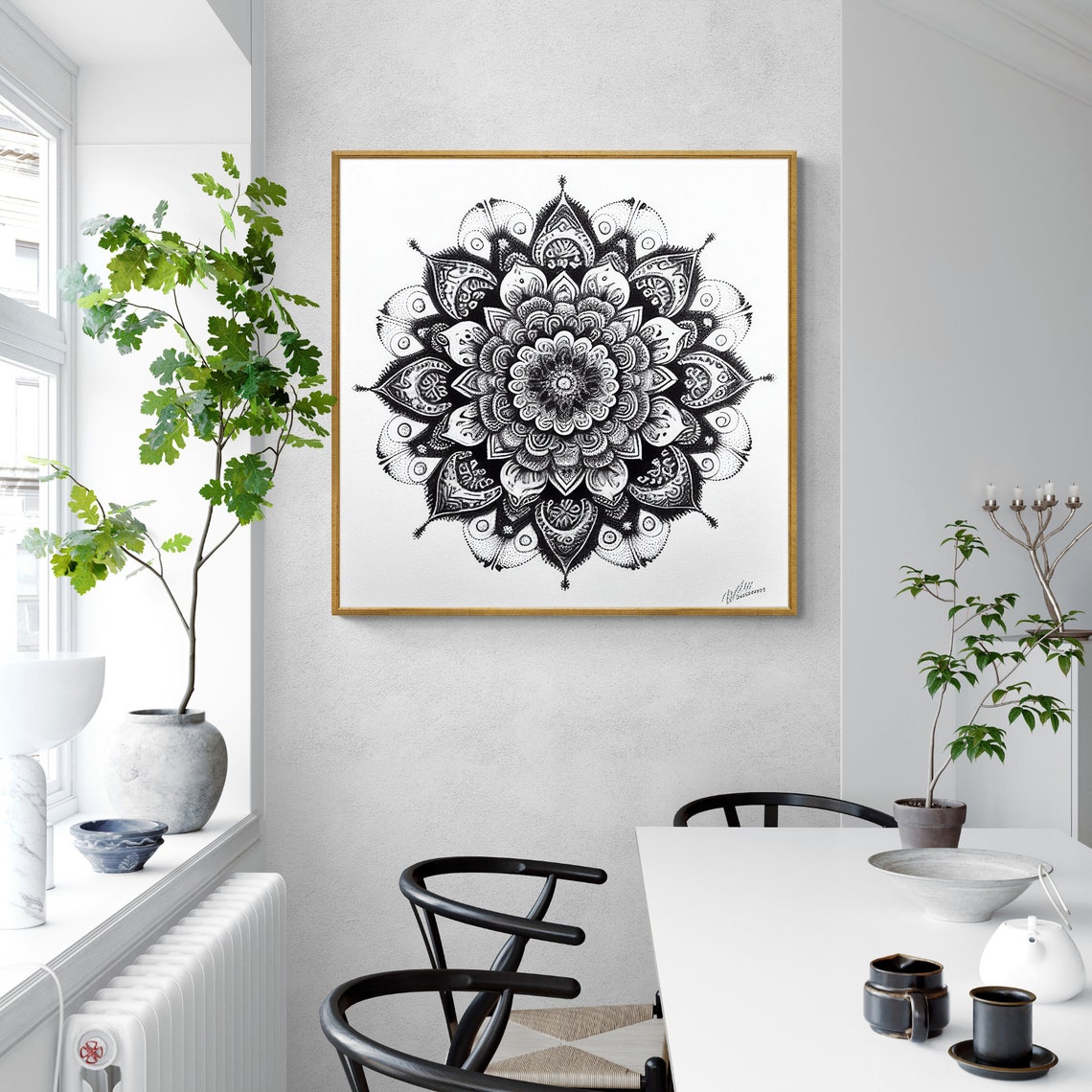 Monochrome Floral Mandala in Detailed Black Ink Drawing Poster - Image 3