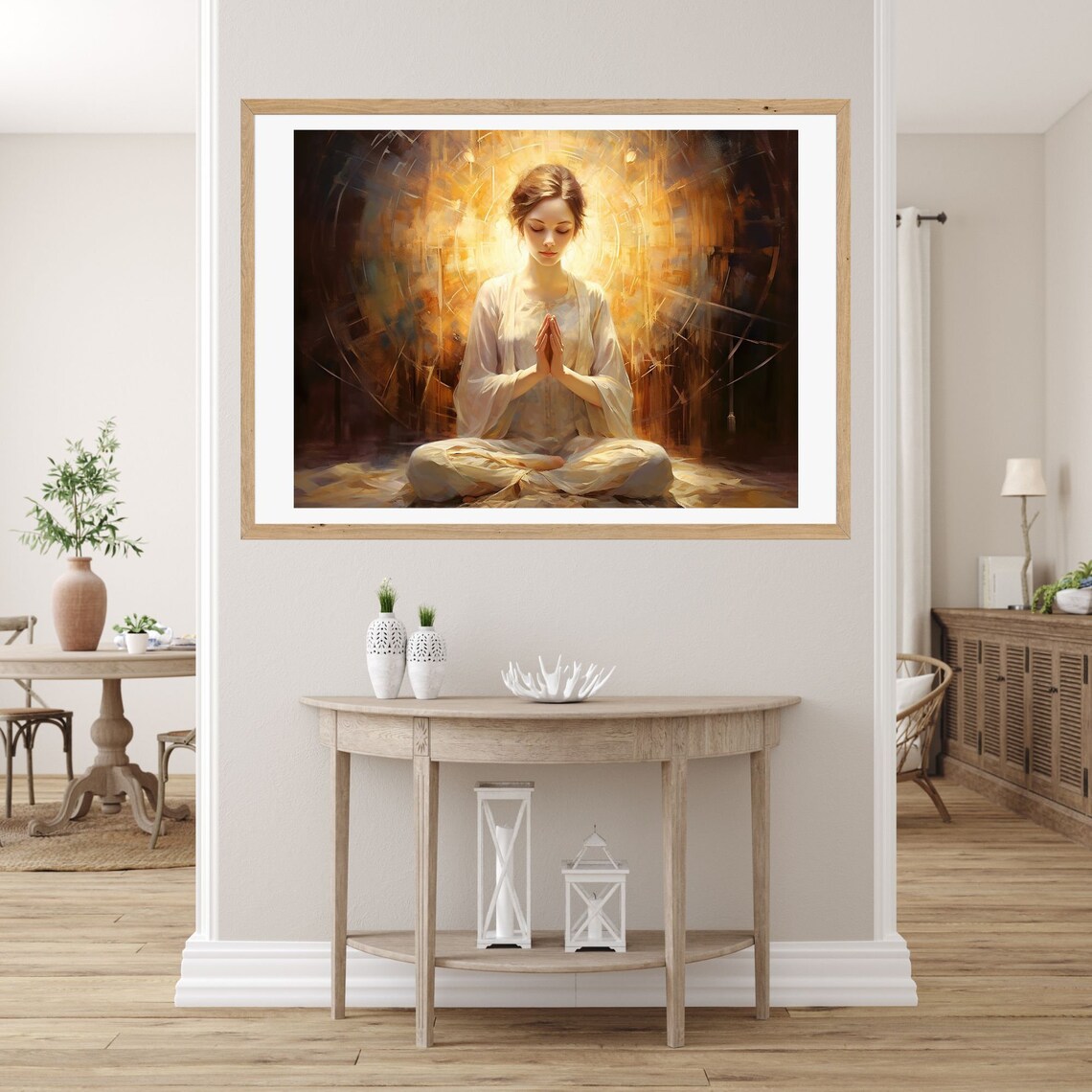 Praying Woman in White Bathed in a Golden Radiant Halo Poster