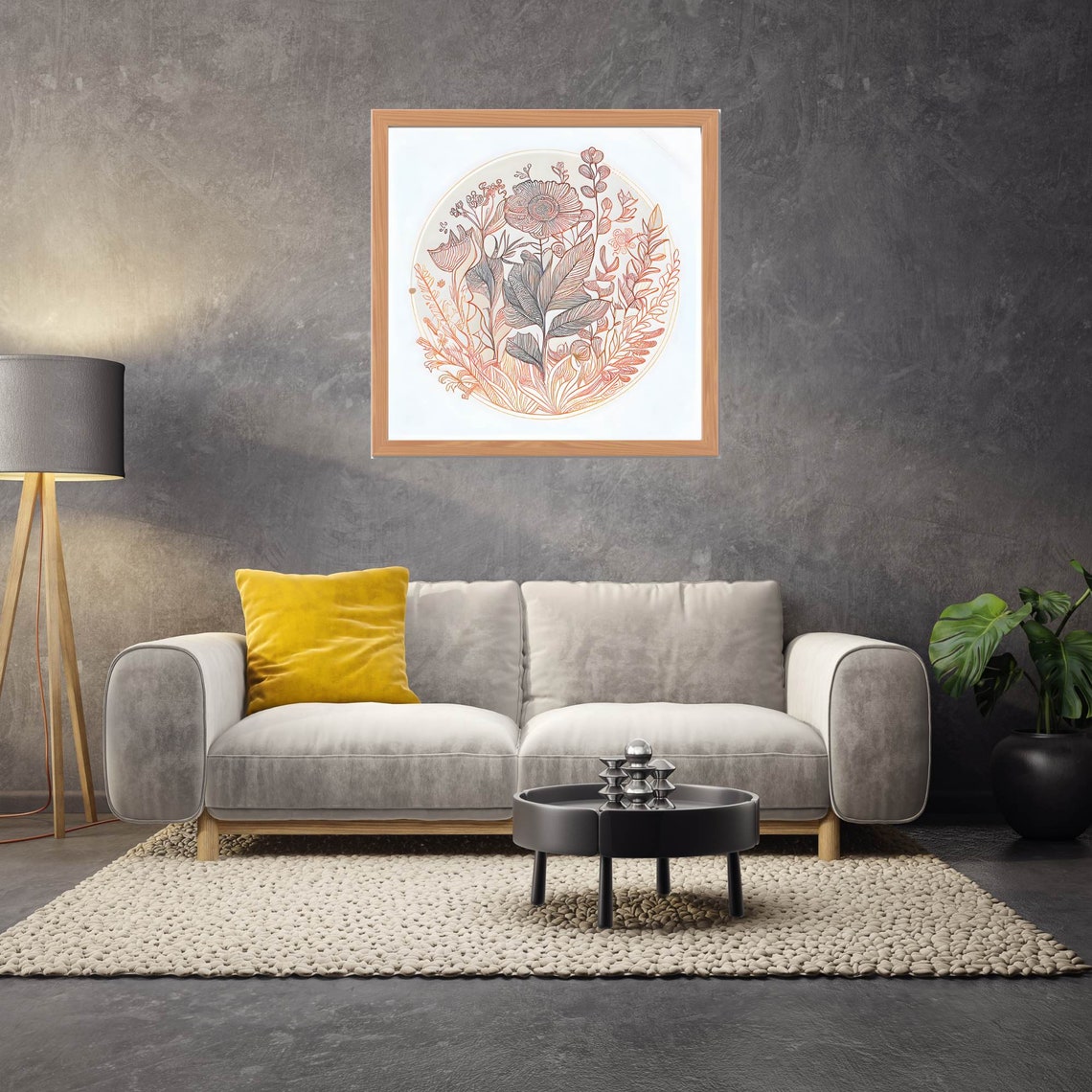 Delicate Coral Pink Botanical Line Art Floral Mandala Poster - Image 2