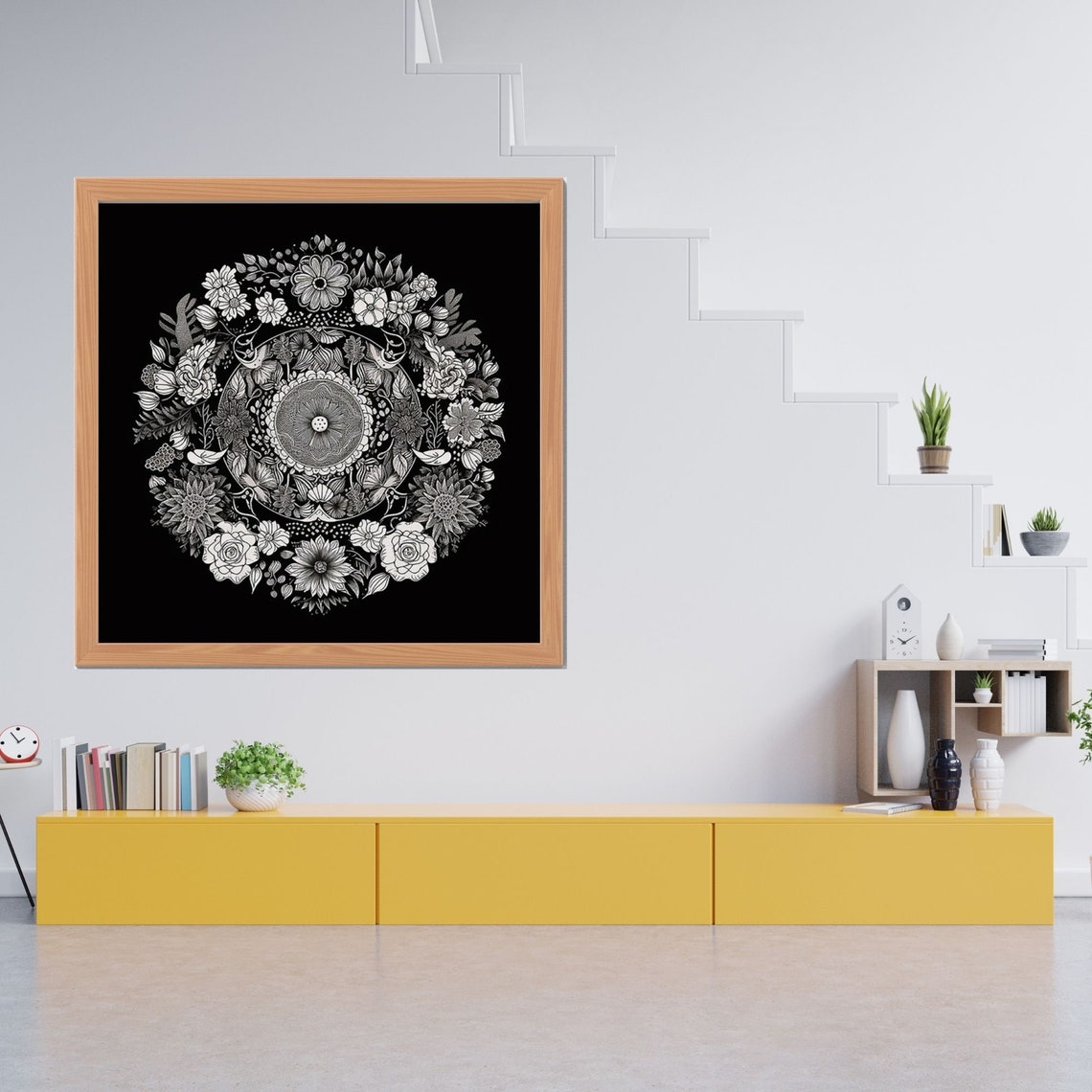 White Flower Mandala on Black Background Striking Bold Poster