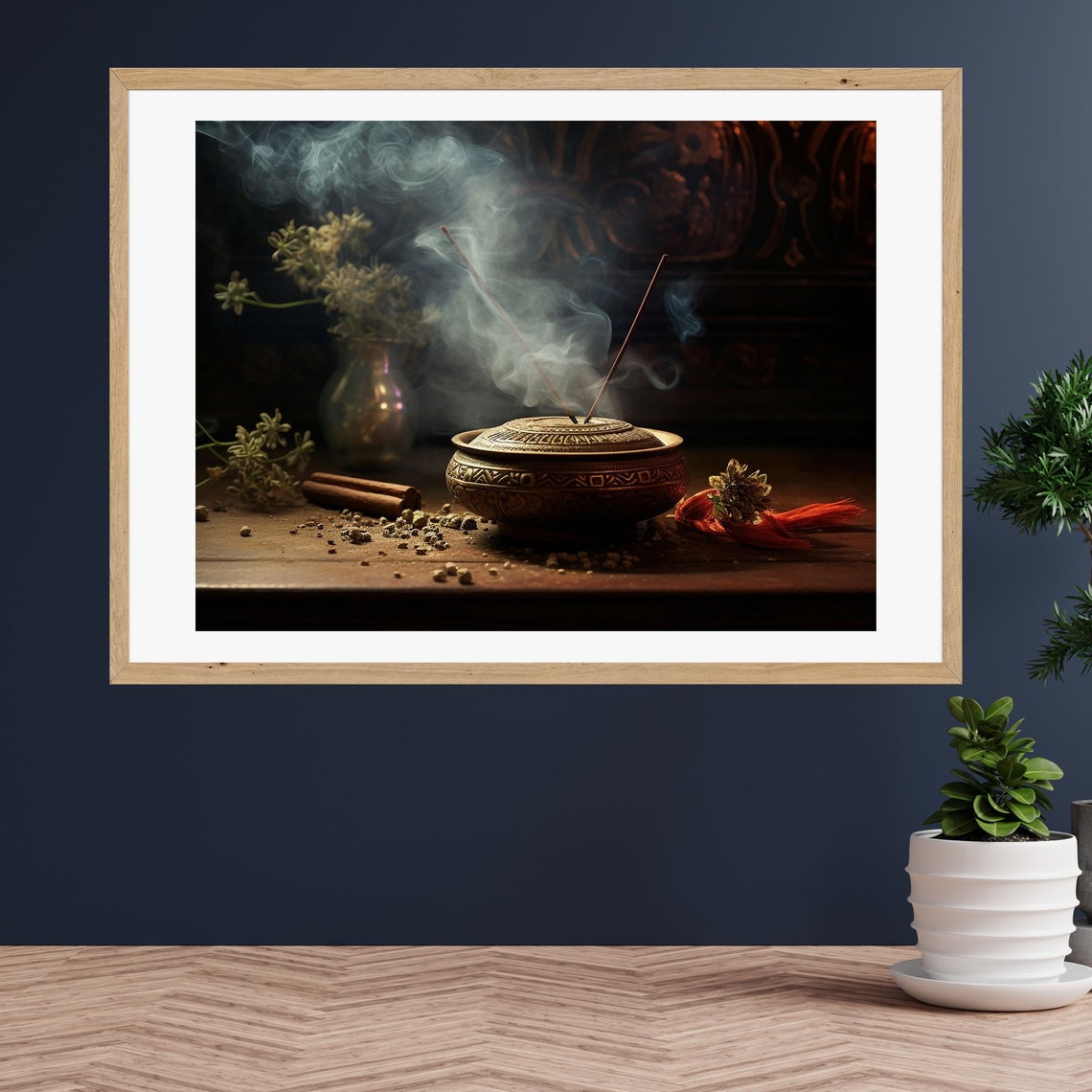Smoking Incense Bowl Still Life with Cinnamon and Flowers Poster - Image 3
