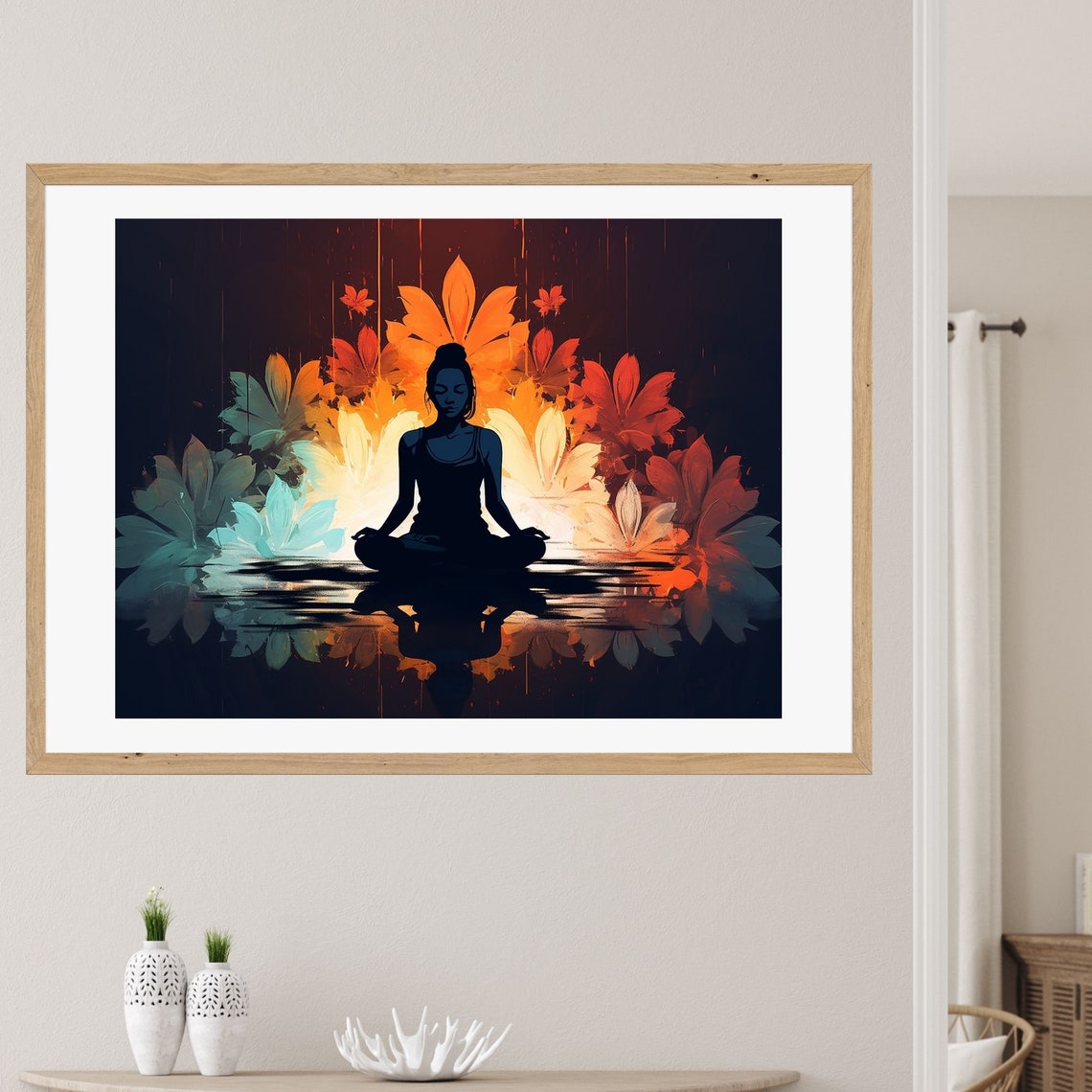 Meditating Woman Silhouette Over Water with Fire Flowers Poster