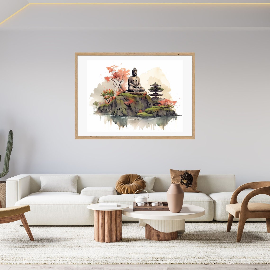 Buddha Statue on Mossy Island With Pagoda Watercolor Wall Art - Image 2