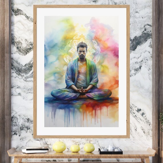 Meditating Man Rainbow Chakra Aura Watercolor Energy Wall Art