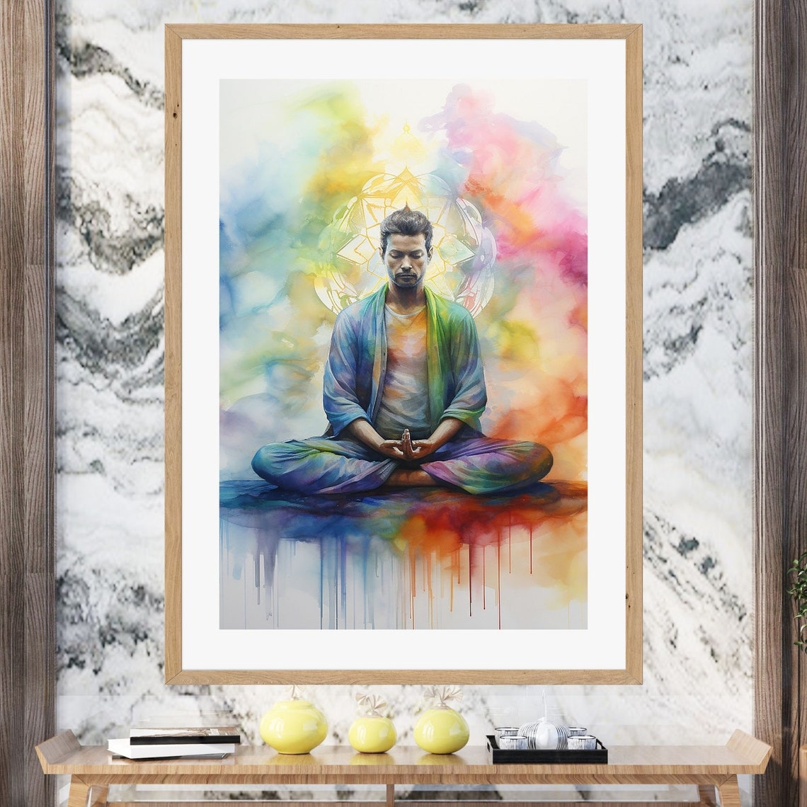Meditating Man Rainbow Chakra Aura Watercolor Energy Wall Art