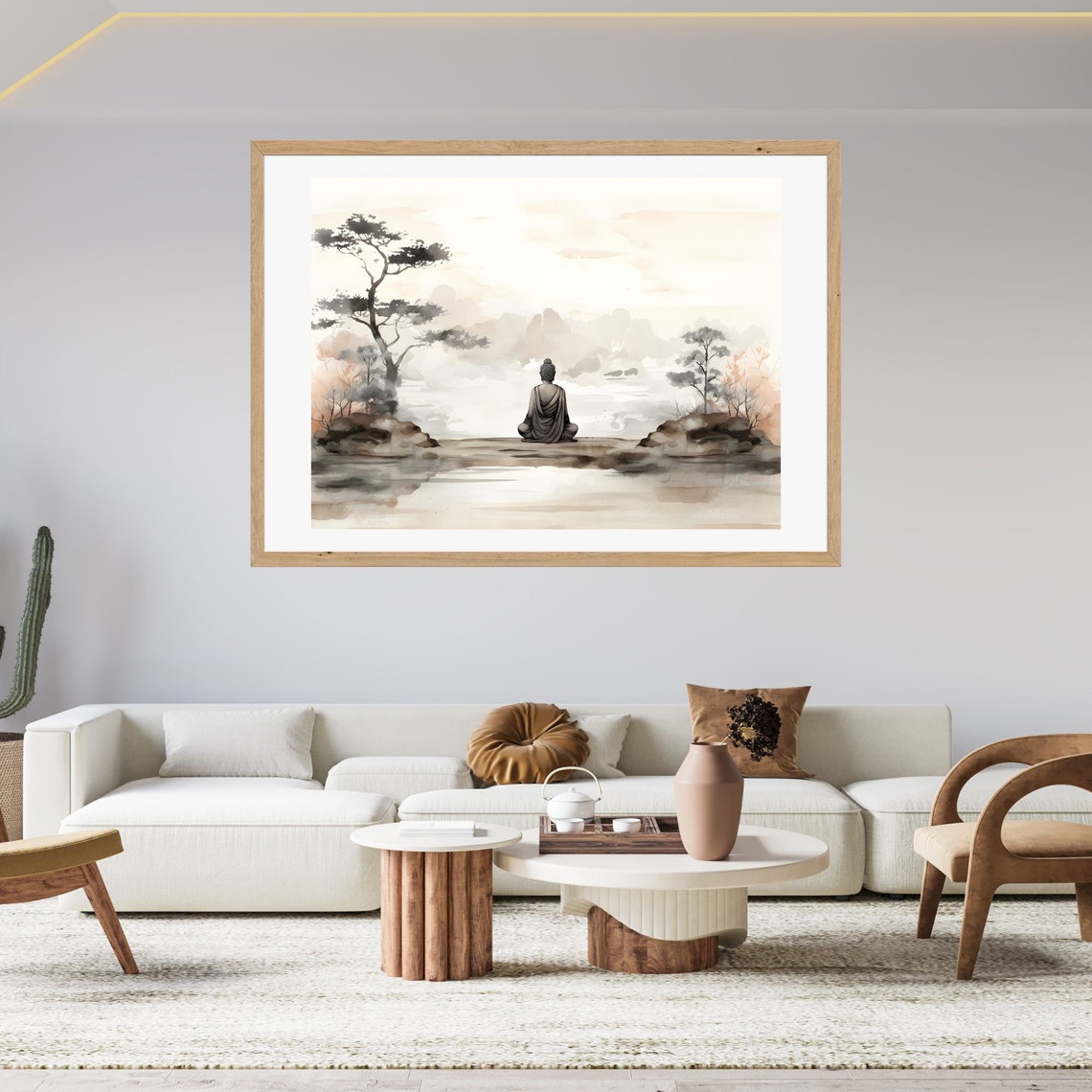 Monk Meditating by Misty Lake in Soft Watercolor Zen Wall Art - Image 2