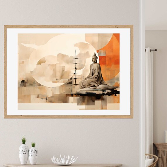 Buddha Meditating Beneath a Giant Cream Moon in Abstract Orange Poster