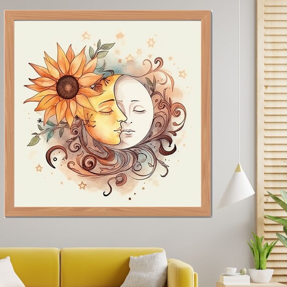 Sun and Moon Celestial Faces Sunflower Vintage Art Nouveau Wall Art