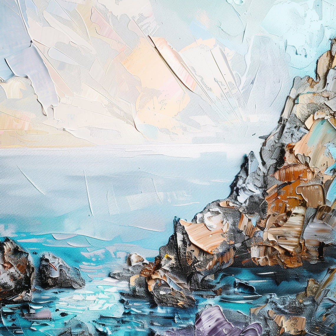 Turquoise Ocean Cove Painting Rocky Cliffs Blue Sea Horizon Art Poster - Image 3