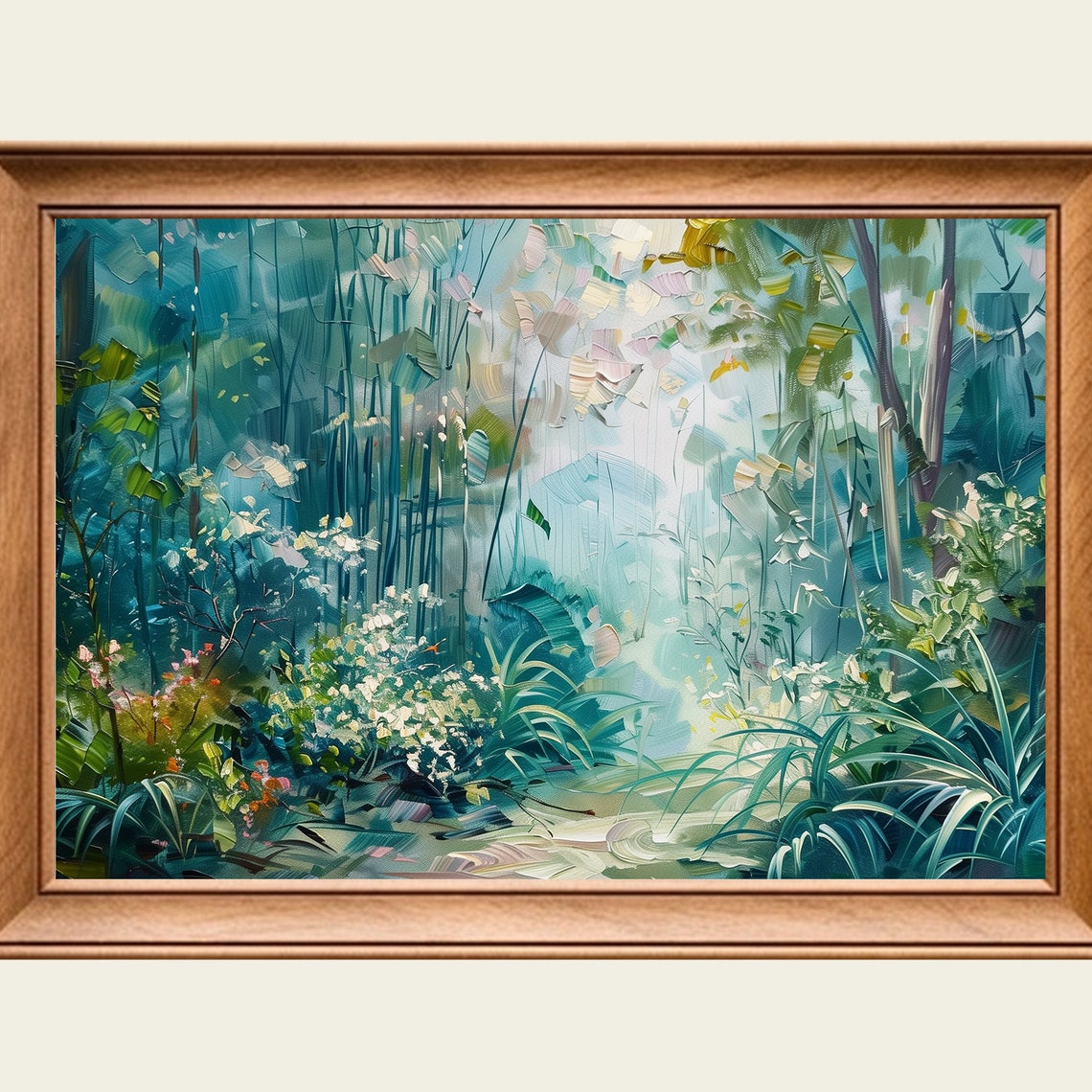 Misty Bamboo Forest Path Serene Green Light Nature Painting Wall Art