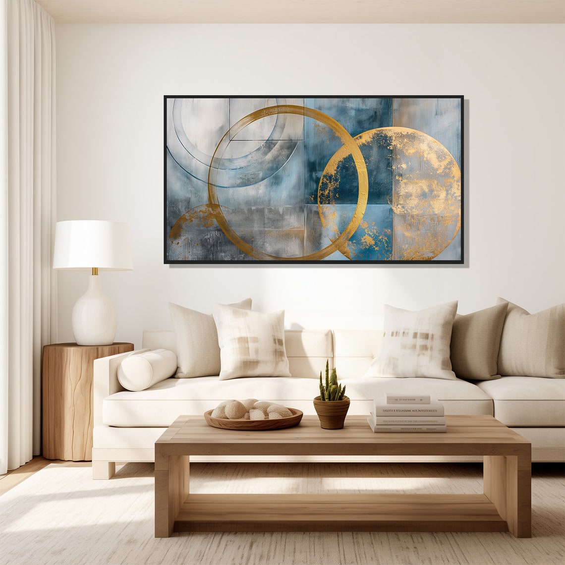 Golden Ring Abstract Painting Navy Blue Circles Shimmering Art Poster - Image 5