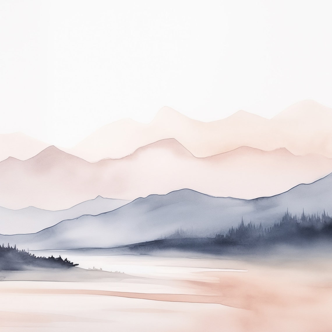 Misty Watercolor Mountain Layers Soft Pink Blue Calm Lake Wall Art - Image 6