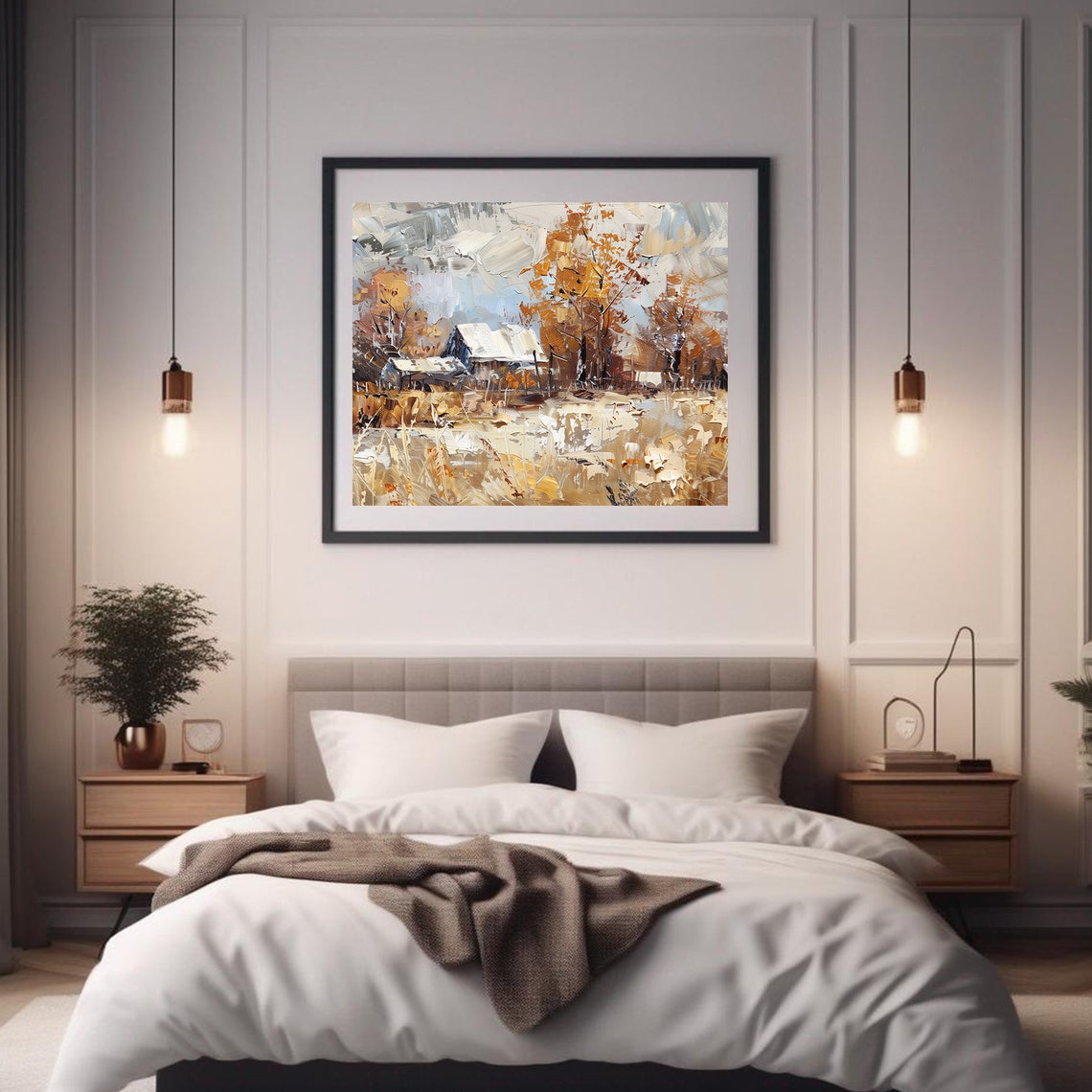 Snowy Rustic Barn Autumn Farm Landscape Vintage Oil Painting Wall Art - Image 2