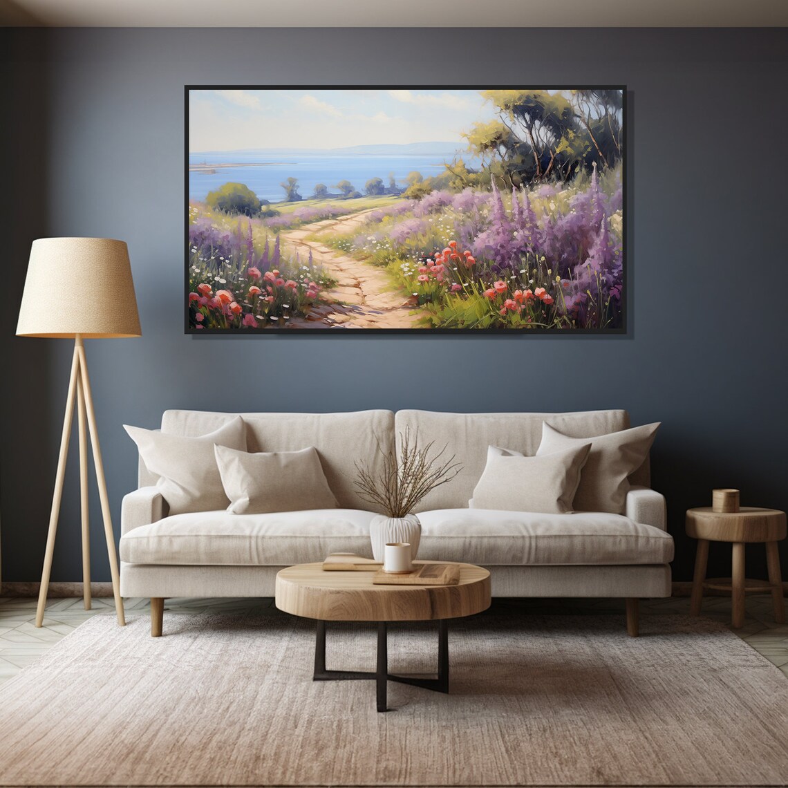 Vintage Coastal Spring Wildflower Path Ocean View Oil Painting Poster - Image 4