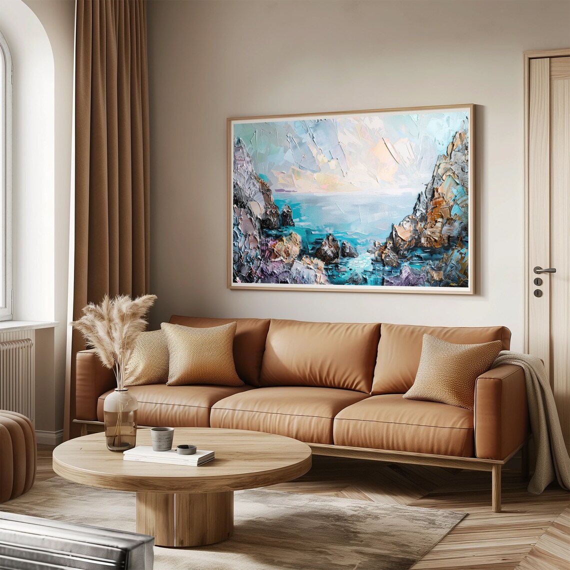 Turquoise Ocean Cove Painting Rocky Cliffs Blue Sea Horizon Art Poster - Image 4