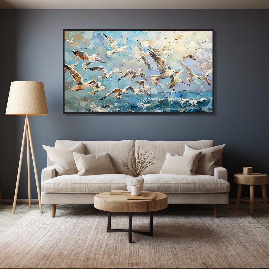 Seagull Flock Soaring Over Blue Sea Sky Dynamic Painting Poster - Image 4
