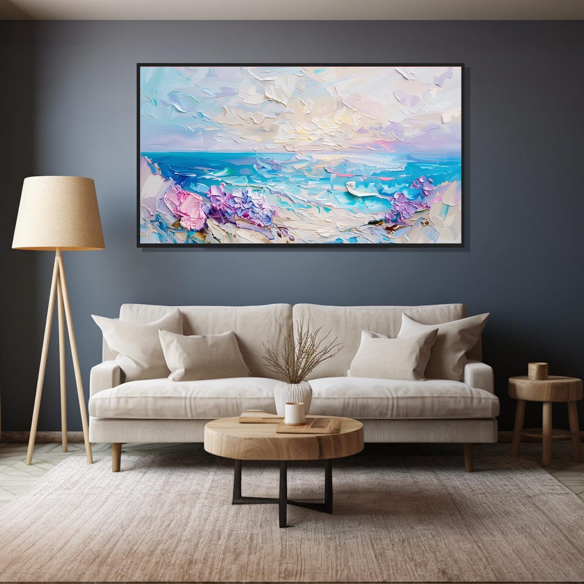 Pastel Beach Scene Ocean Waves Flowers Dreamy Coastal Art Poster - Image 4