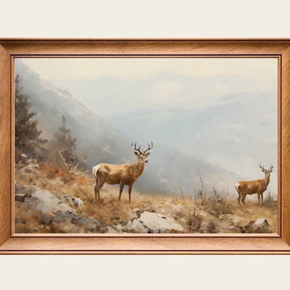 Vintage Foggy Mountain Deer Stags Wildlife Oil Painting Wall Art Print