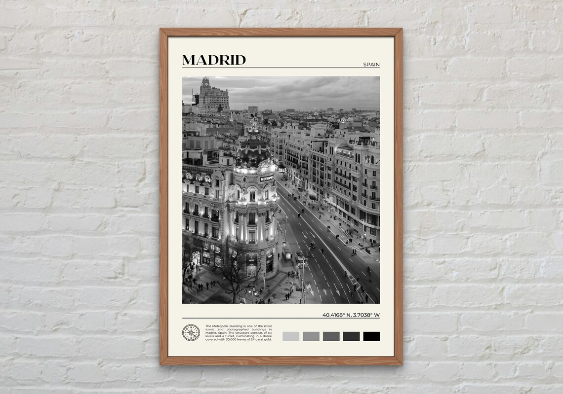 Madrid Black and White Travel Poster, Europe Art Print