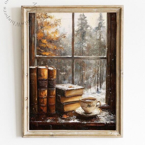 Winter Coffee Wall Art Light Academia Decor Bookish Oil Painting Cottagecore Art Moody Book Art Print