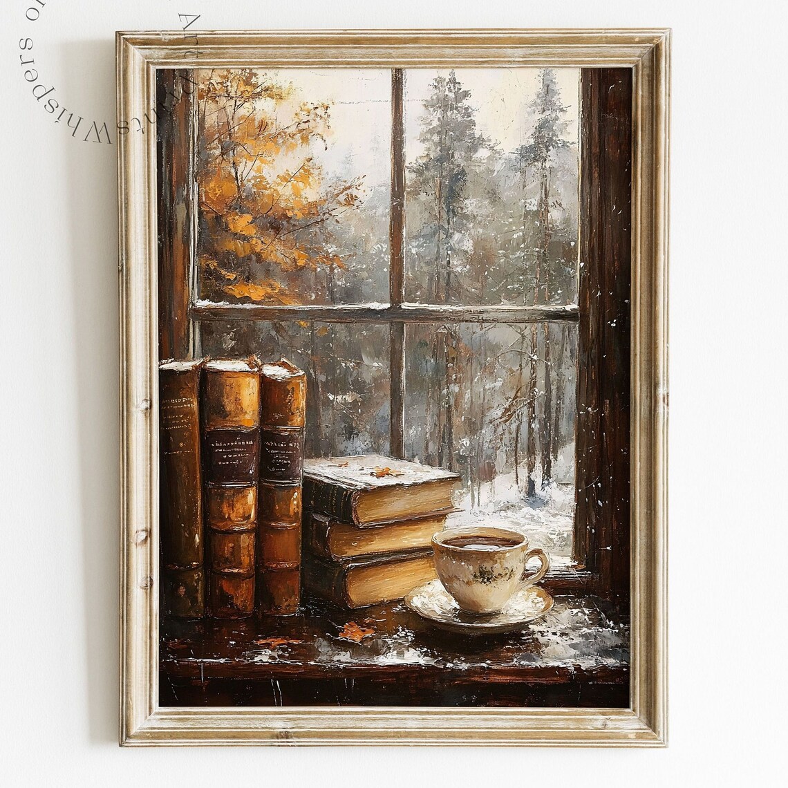 Books and Coffee Cup by Window Cozy Winter Library Painting Poster
