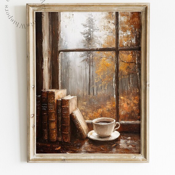 Fall Coffee Light Academia Bookish Oil Painting Art Print