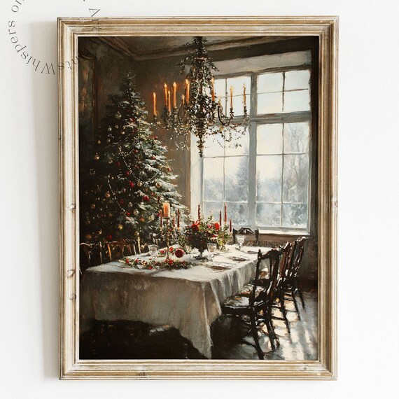 Vintage Christmas Tree Wall Art Print Winter Decor Nostalgic Holiday Art Moody Living Room Art Christmas Tree Oil Painting