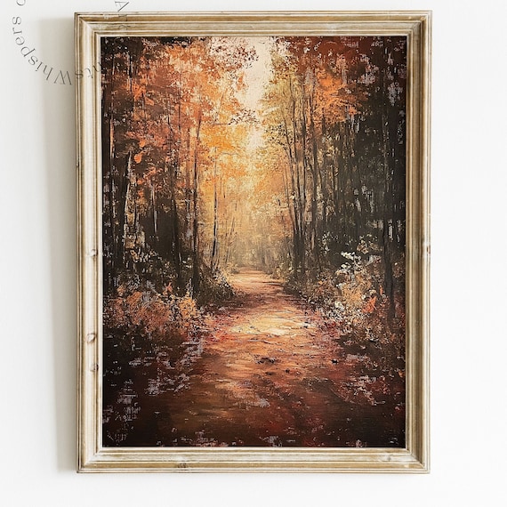 Golden Autumn Forest Path Warm Vintage Fall Landscape Oil Poster