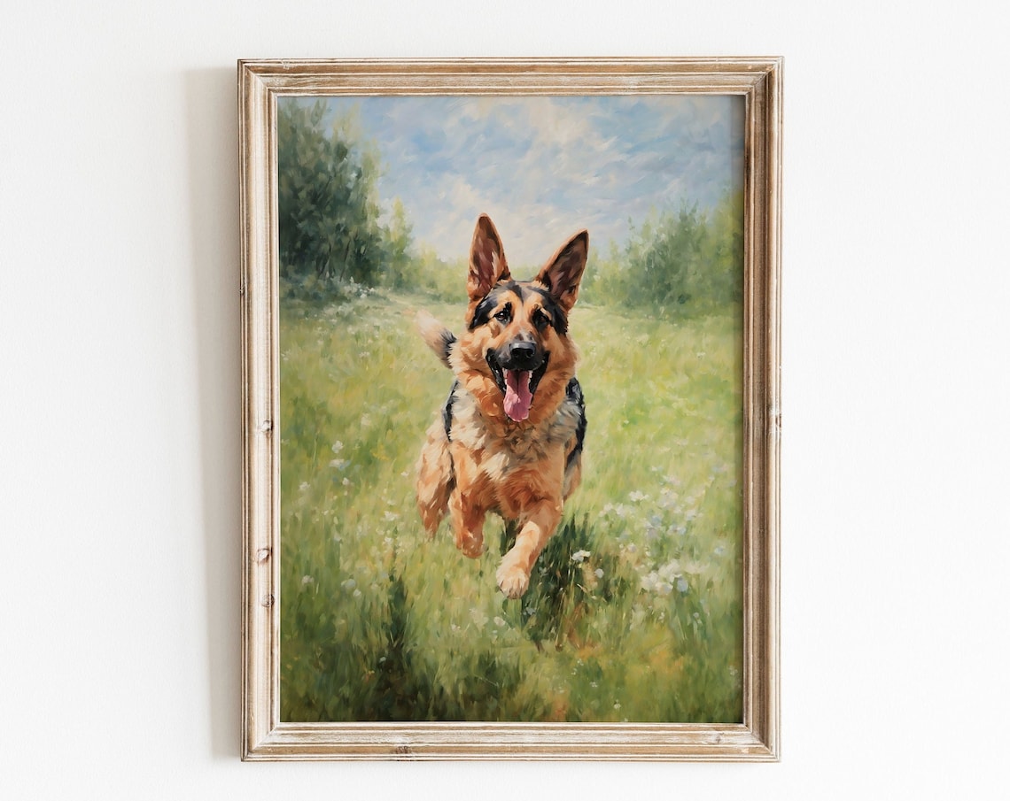 German Shepherd Art Print, Meadow Field Landscape