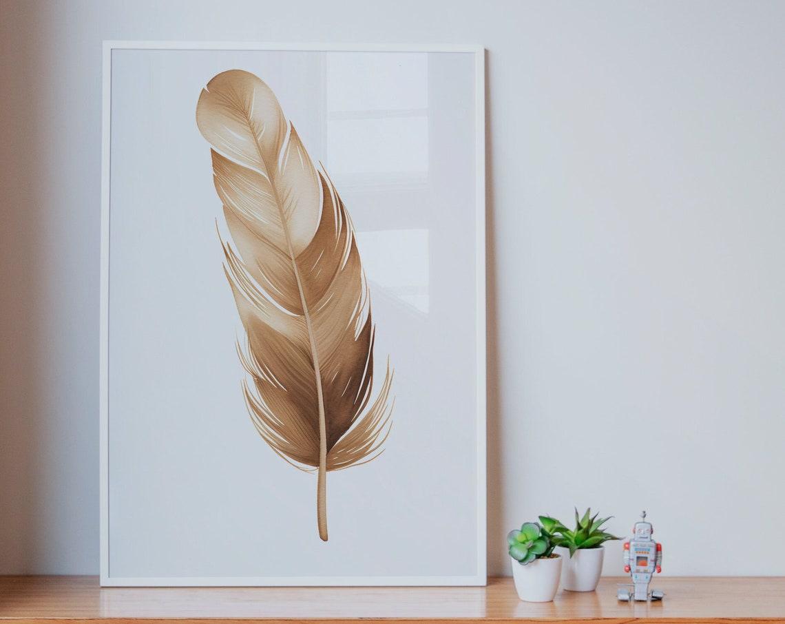 Golden Brown Feather Watercolor Elegant Botanical Art Poster - Image 5