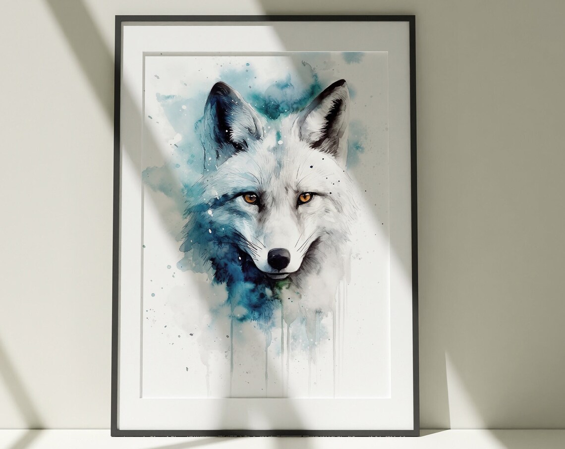 Arctic Fox Portrait Icy Blue Watercolor Winter Animal Poster