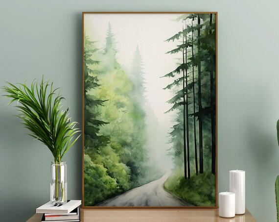 Misty Green Pine Forest Road Watercolor Painting Poster for Calm Spaces