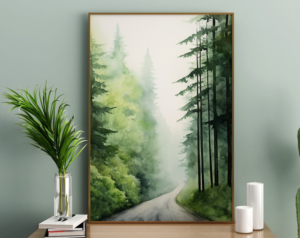 Misty Green Pine Forest Road Watercolor Painting Poster for Calm Spaces