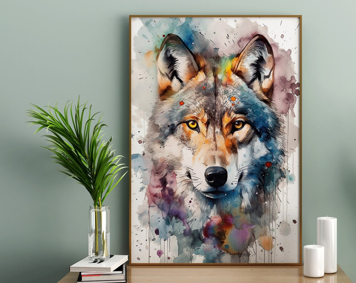 Gray Wolf Watercolor Portrait Wild Animal Wildlife Art Poster